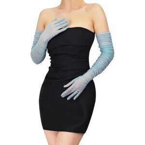 Women's Dusty Blue Sexy Tulle Sheer Mesh Long Gloves Opera Party Prom Costume